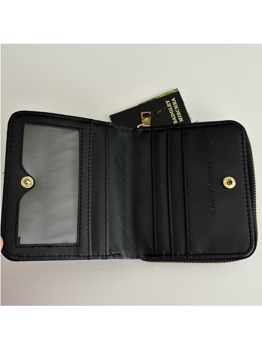 Badgley Mischka NWT Black Quilted Zip Around Wallet Vegan Leather Gold Logo - Picture 2 of 6